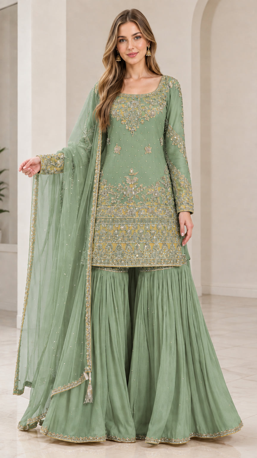 Full-length view of woman wearing Sage Green festive embroidered sharara suit set