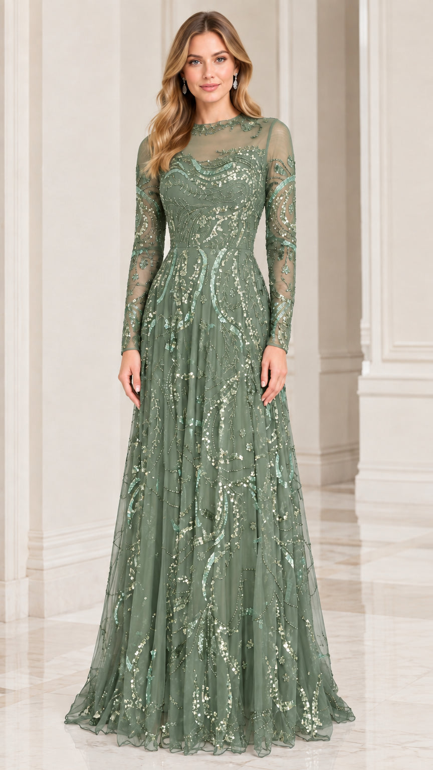 Sage green embellished long sleeve formal gown front view