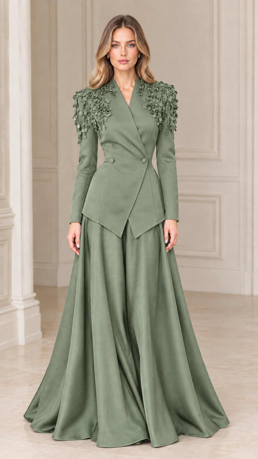 Sage green two-piece formal peplum blazer and sweeping maxi skirt set