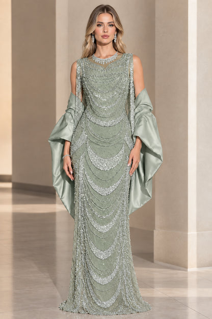 Front view of sage green beaded column gown with matching satin wrap