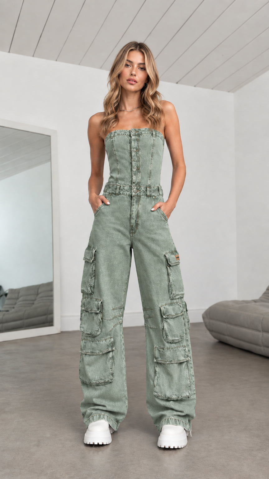 Model wearing Sage Green strapless denim cargo wide leg jumpsuit