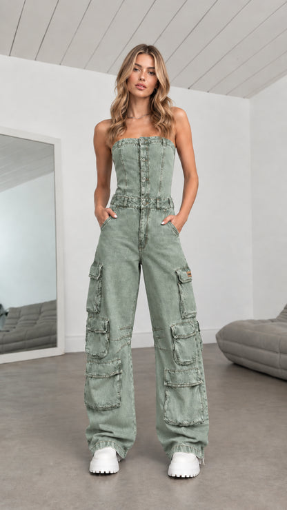 Model wearing Sage Green strapless denim cargo wide leg jumpsuit