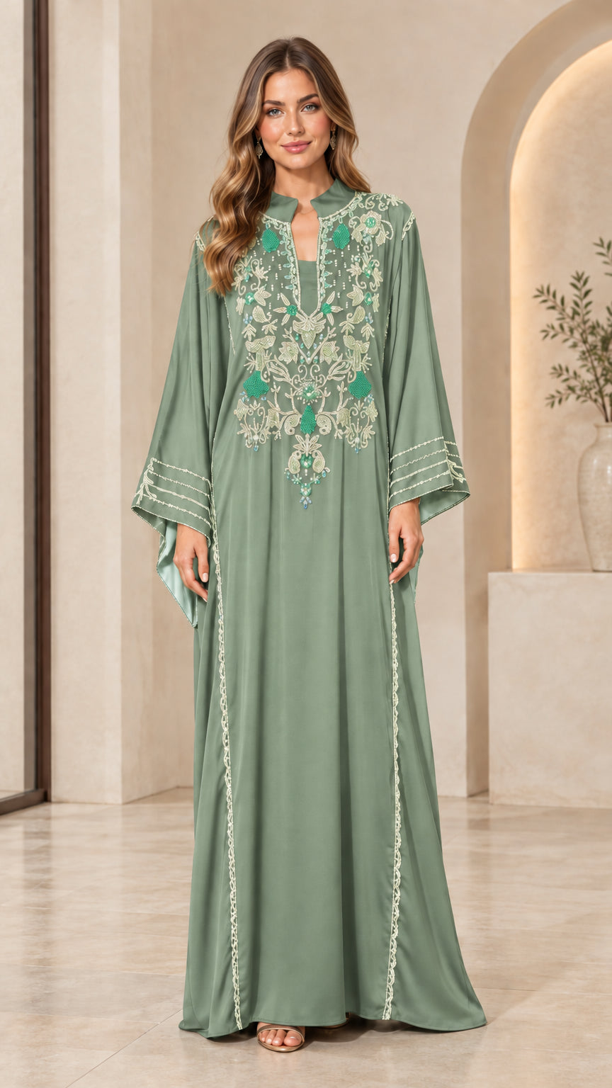 Full-length view of sage green embroidered maxi kaftan dress