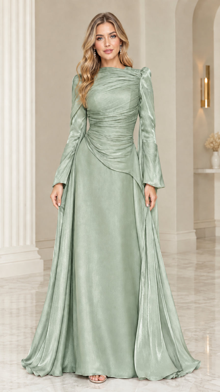 Front view of sage green long-sleeve ruched A-line formal maxi dress