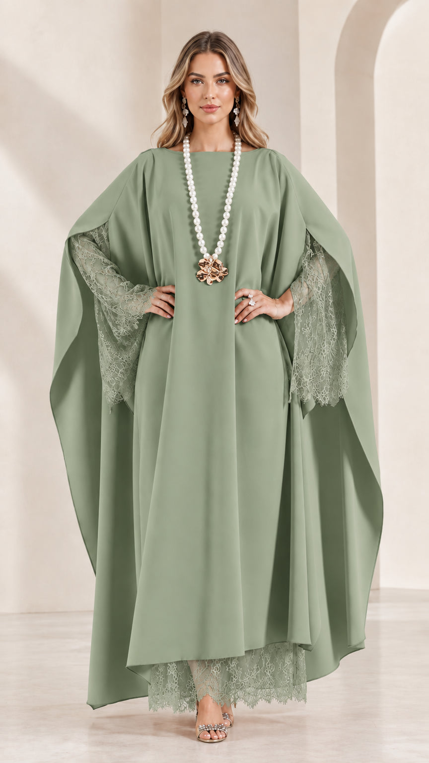 Front view of woman wearing sage green draped cape sleeve maxi gown
