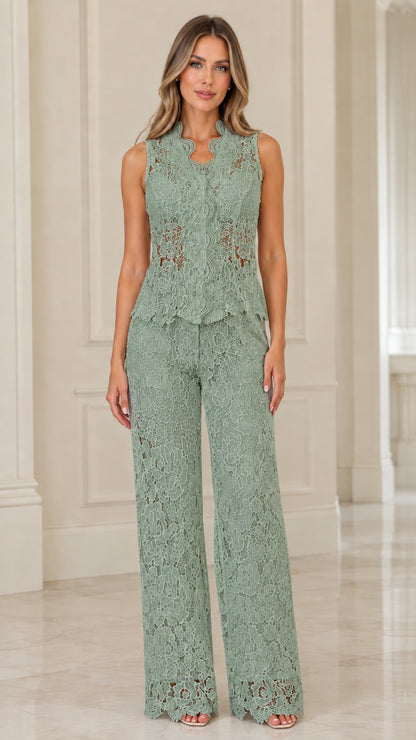 Sage green sleeveless floral lace pantsuit set
