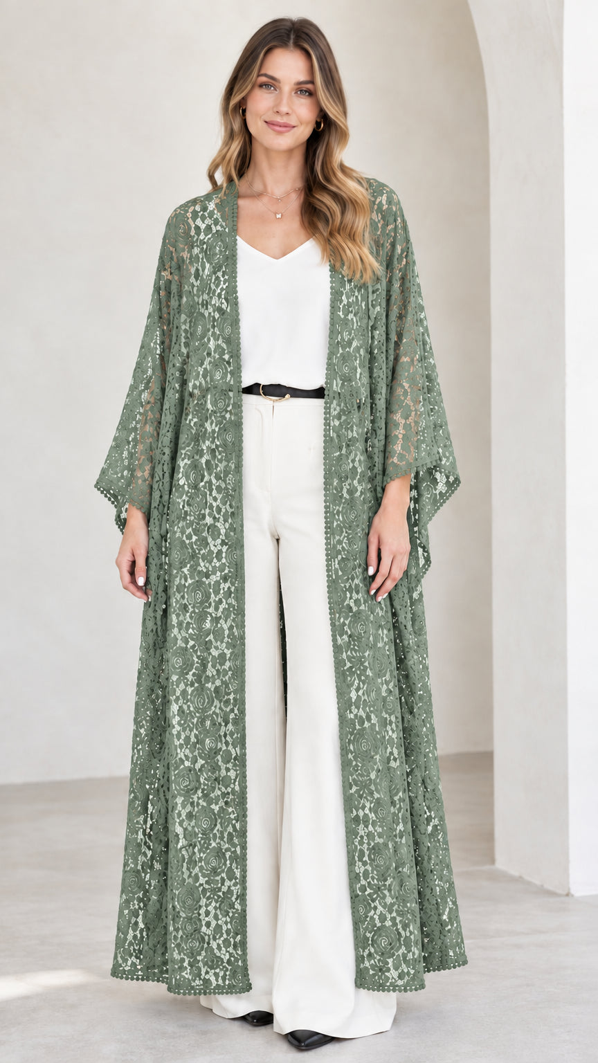 Model wearing sage green sheer lace floor-length kimono cardigan
