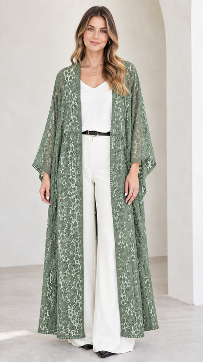 Model wearing sage green sheer lace floor-length kimono cardigan