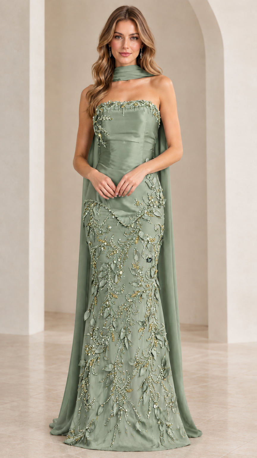 Full-length front view of strapless beaded mermaid formal dress in sage green