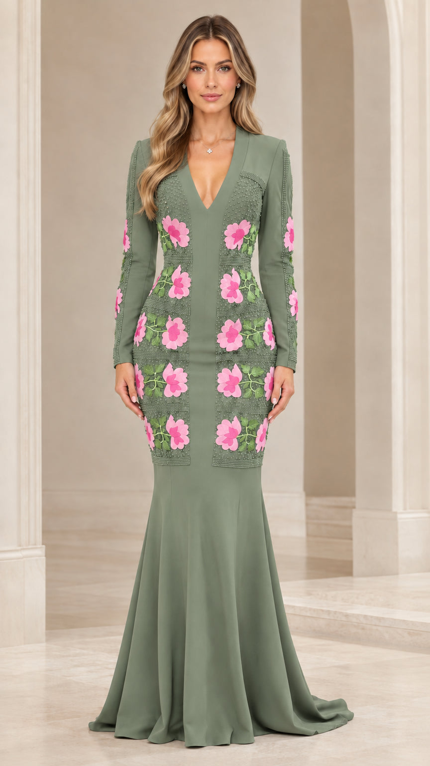 Front view of sage green long sleeve floral applique mermaid evening gown