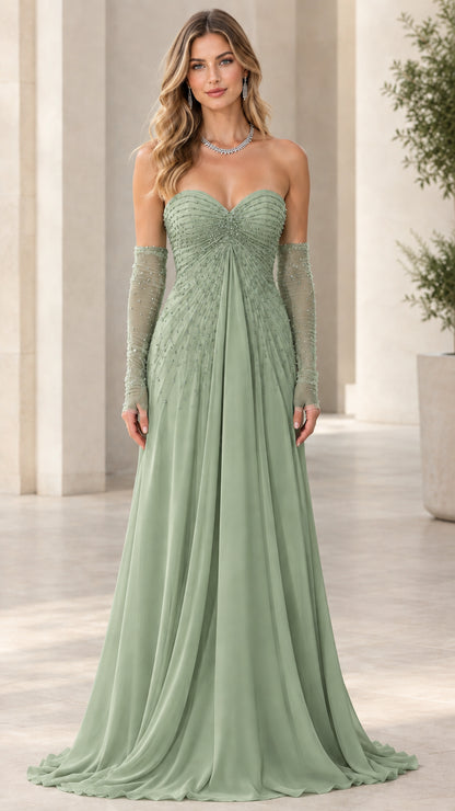 Model wearing Sage Green strapless beaded A-line formal gown with gloves