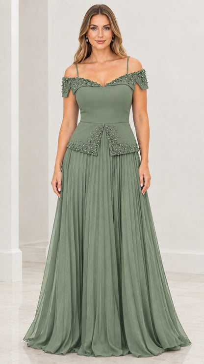 Sage Green cold-shoulder beaded pleated evening gown