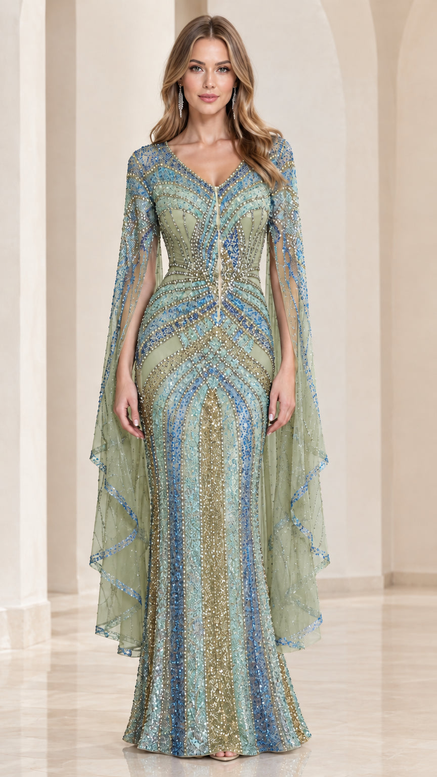 Sage Green geometric sequin beaded formal gown on model