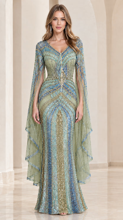 Sage Green geometric sequin beaded formal gown on model