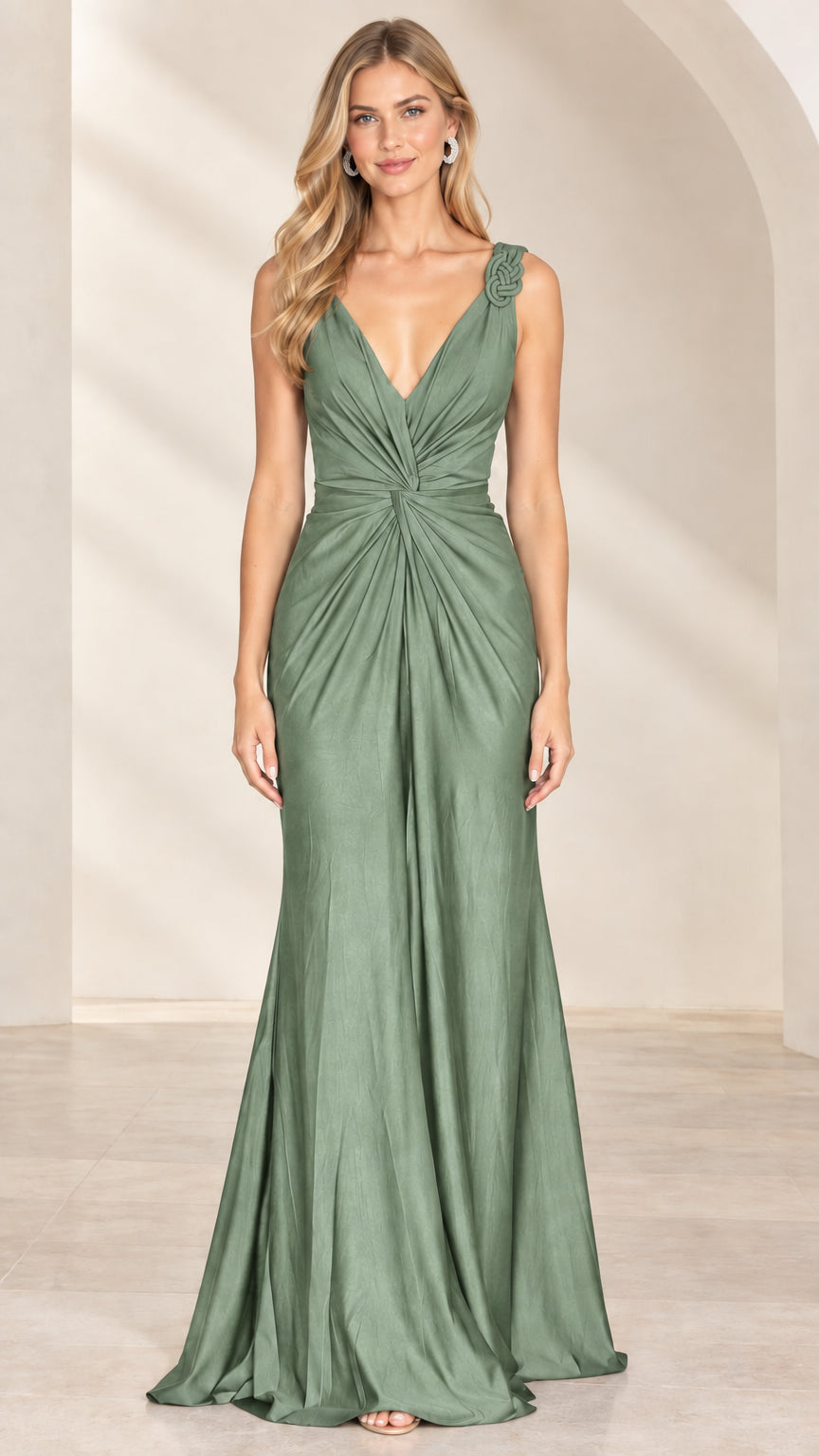 Model wearing Sage Green sleeveless ruched satin evening gown