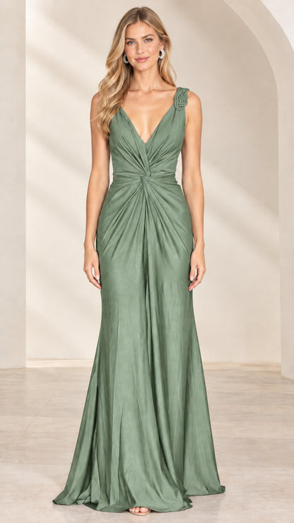 Model wearing Sage Green sleeveless ruched satin evening gown