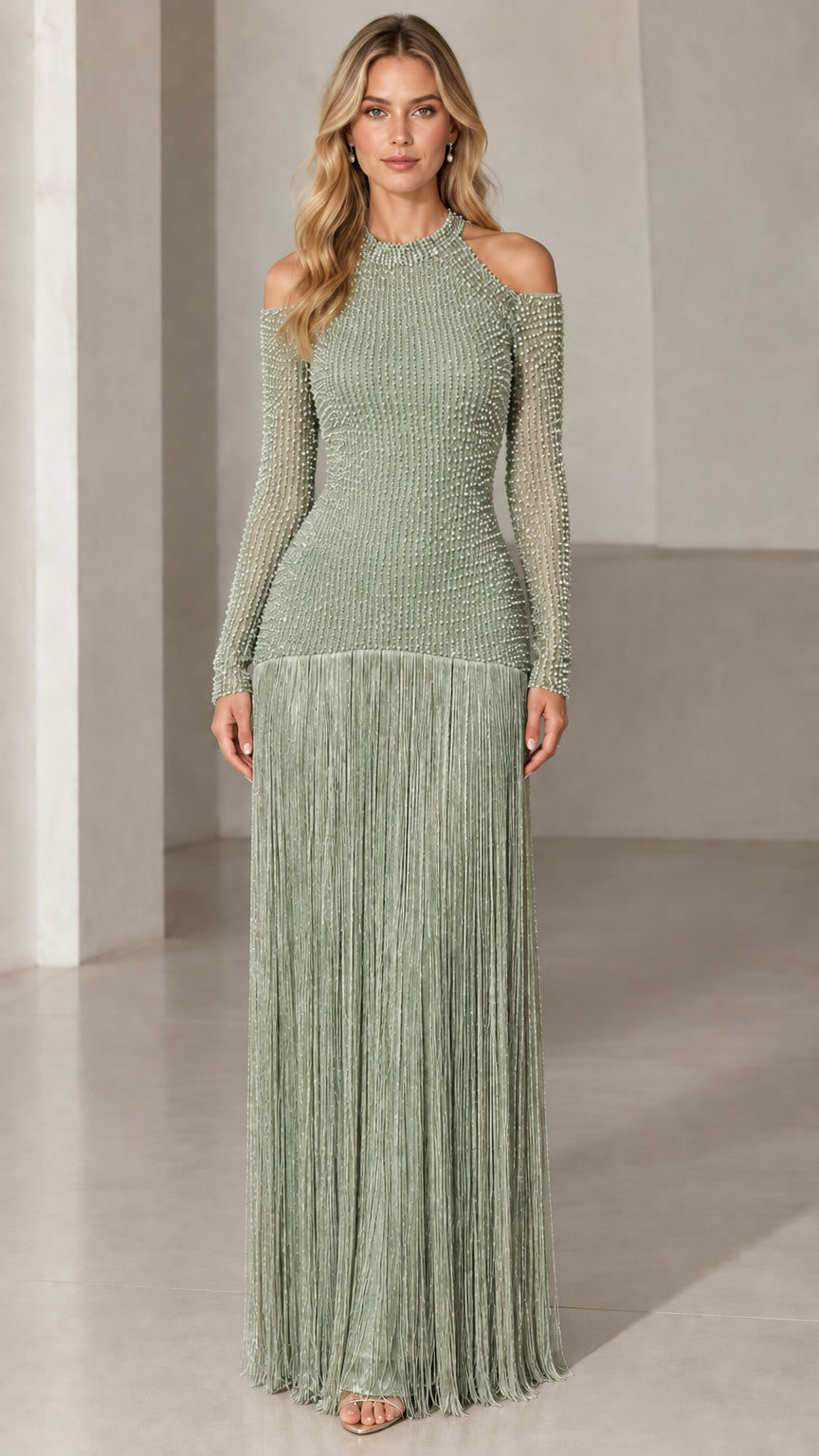 Sage green cold shoulder beaded maxi dress with cascading fringe
