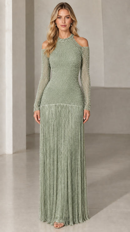 Sage green cold shoulder beaded maxi dress with cascading fringe