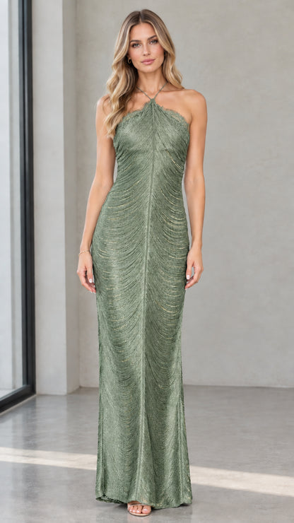 Front view of model wearing halter neck lace trim maxi dress in Sage Green