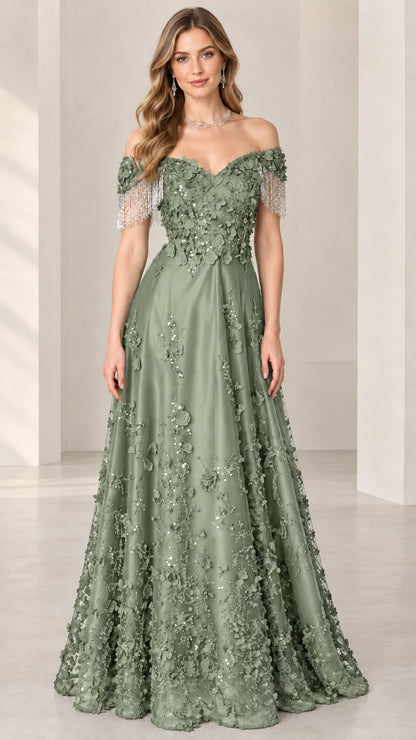 Front view of sage green off-the-shoulder floral embroidered evening gown