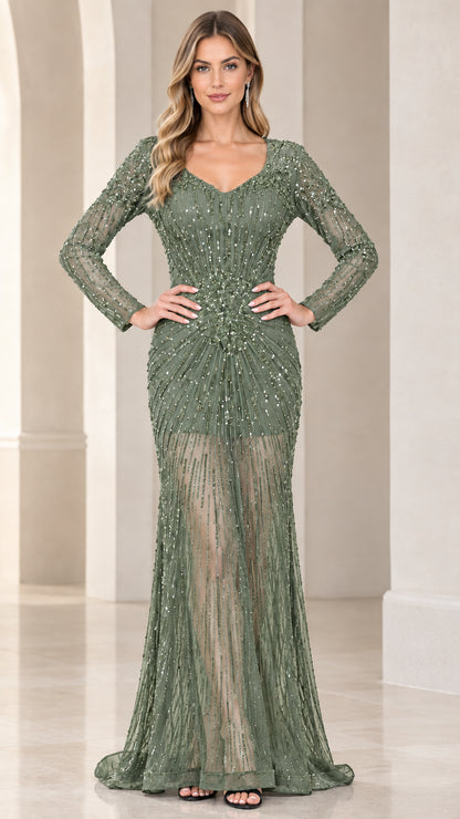 Sage green long sleeve sequin illusion evening gown