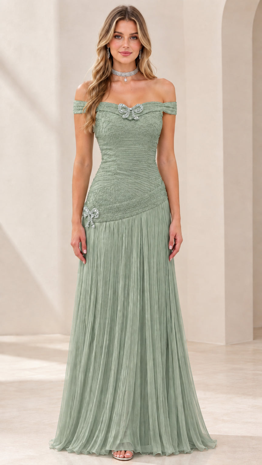 Full-length view of sage green off-the-shoulder ruched evening gown