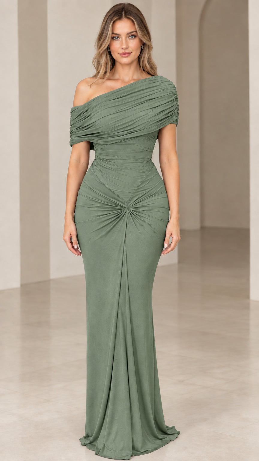 Front view of model wearing sage green one-shoulder gathered maxi dress