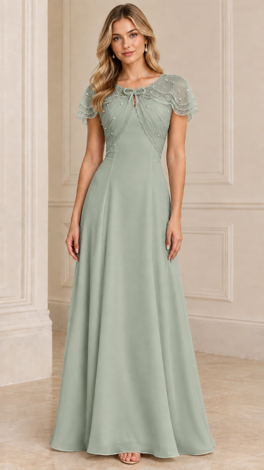 Sage green beaded capelet A-line evening gown