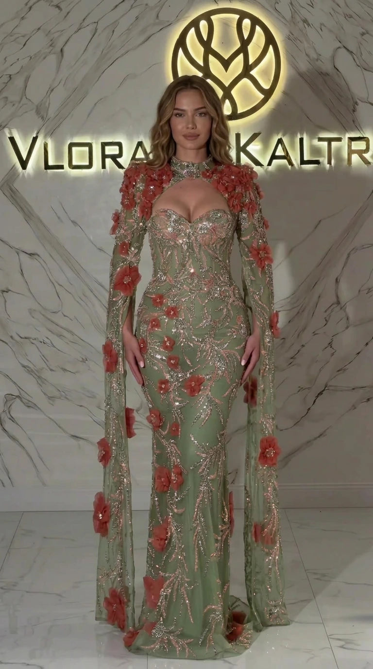Sage Green floor-length formal gown with 3D floral appliques and cape sleeves