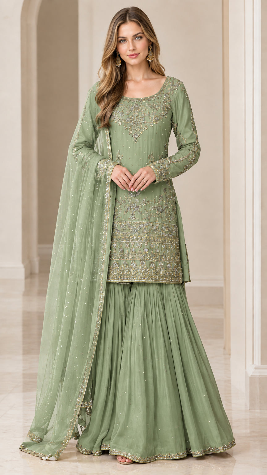 Sage Green festive embroidered kurti with pleated flared sharara pants