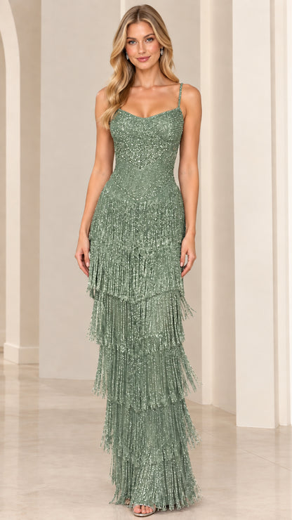 Model wearing Sage Green beaded fringe maxi evening dress