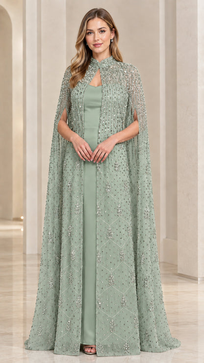 Sage green beaded cape maxi evening dress