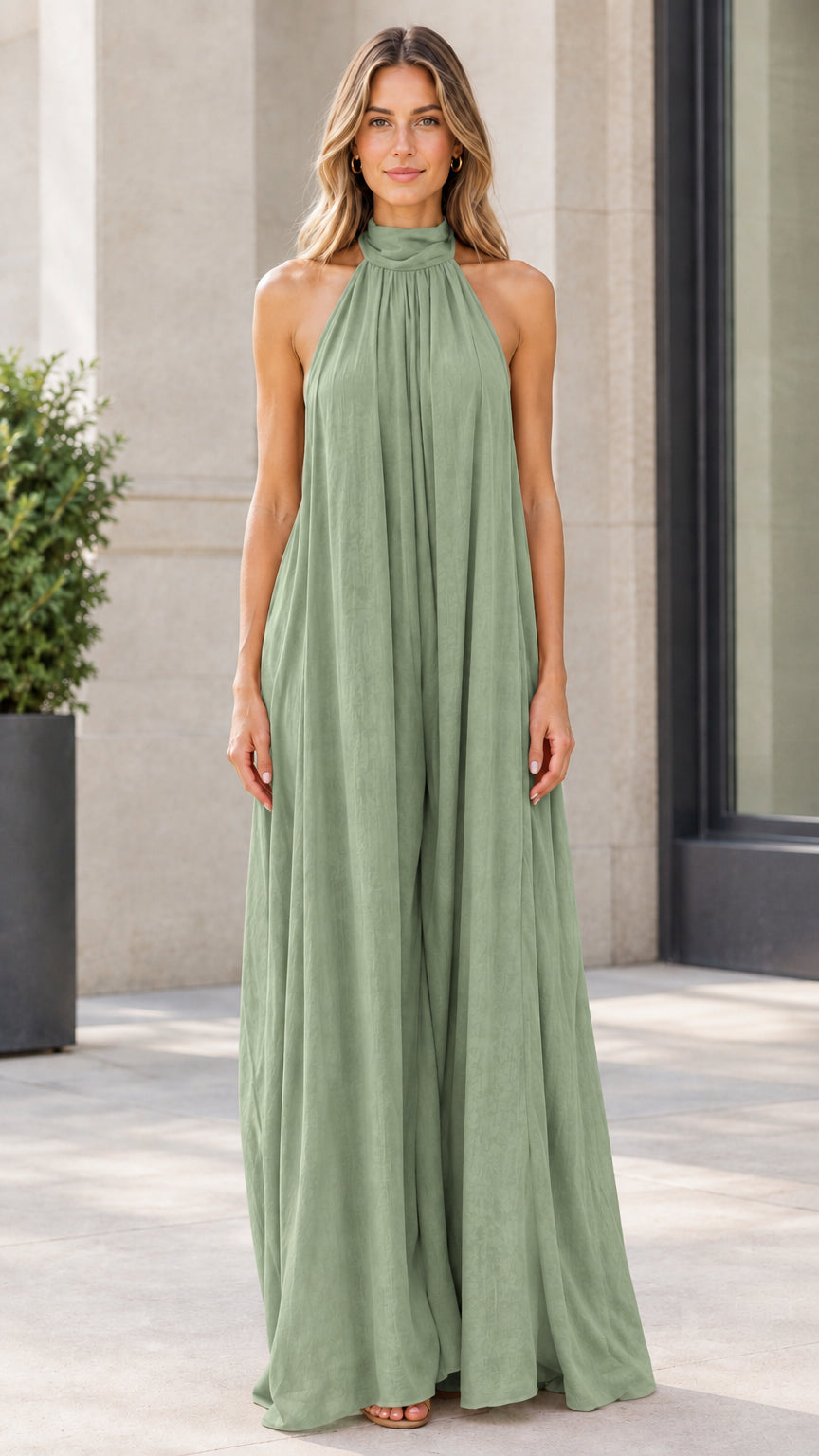 Front view of model wearing sage green halter neck wide-leg jumpsuit