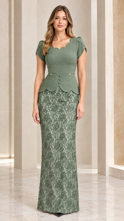 Sage Green scalloped peplum lace maxi evening dress