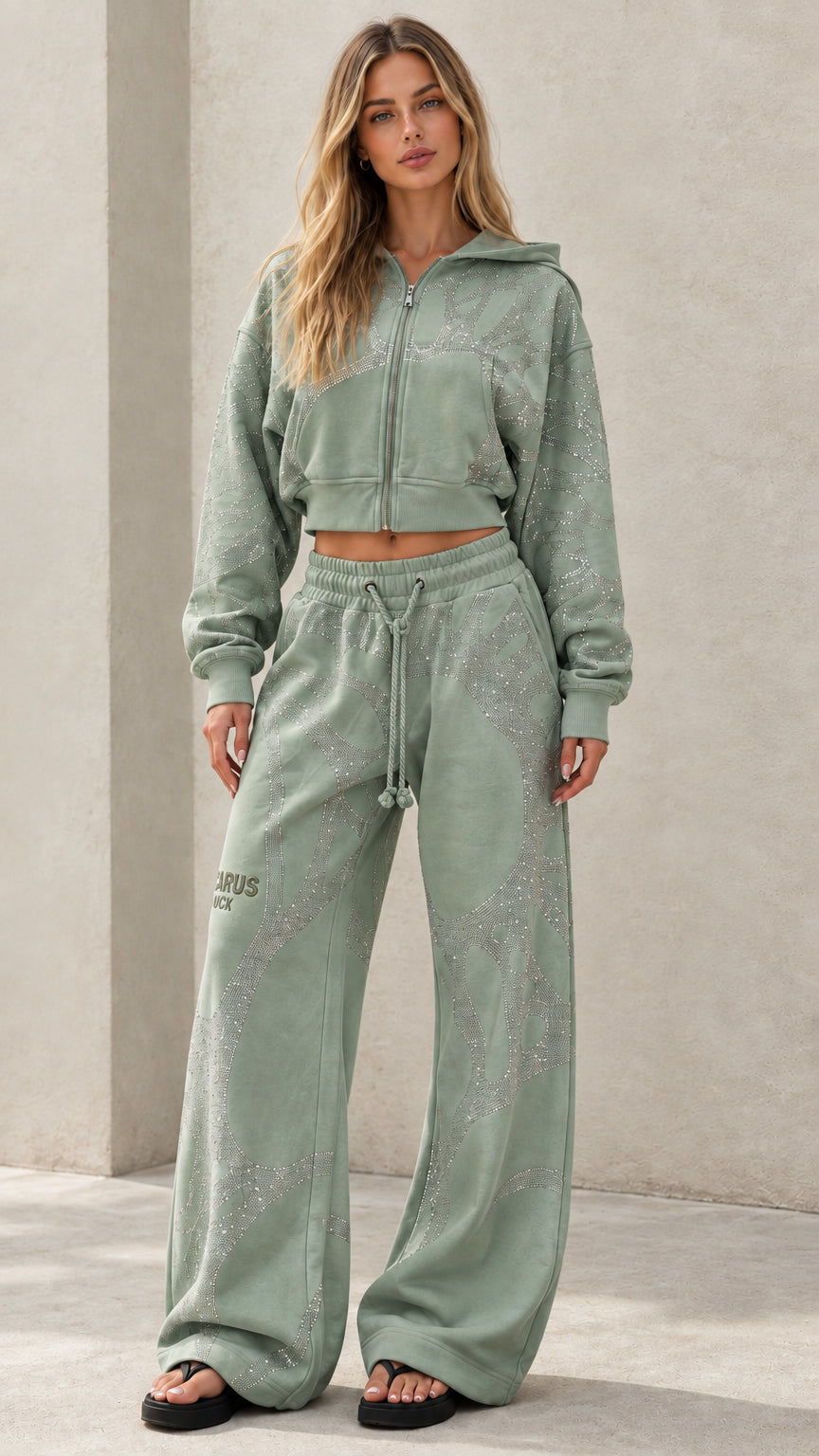 Sage Green two-piece rhinestone hoodie and wide leg sweatpants set