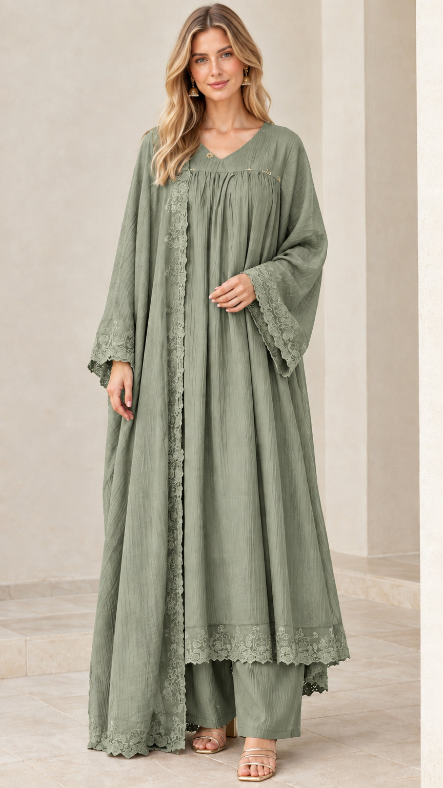 Model wearing sage green 3-piece crinkle abaya and trousers set with lace trim