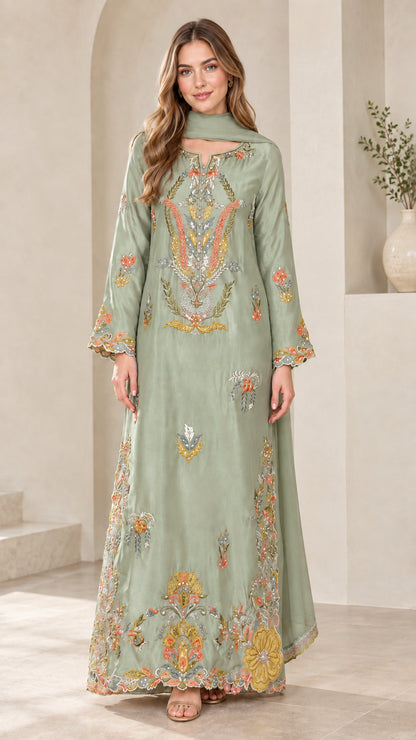 Sage green embroidered satin maxi dress with matching shawl