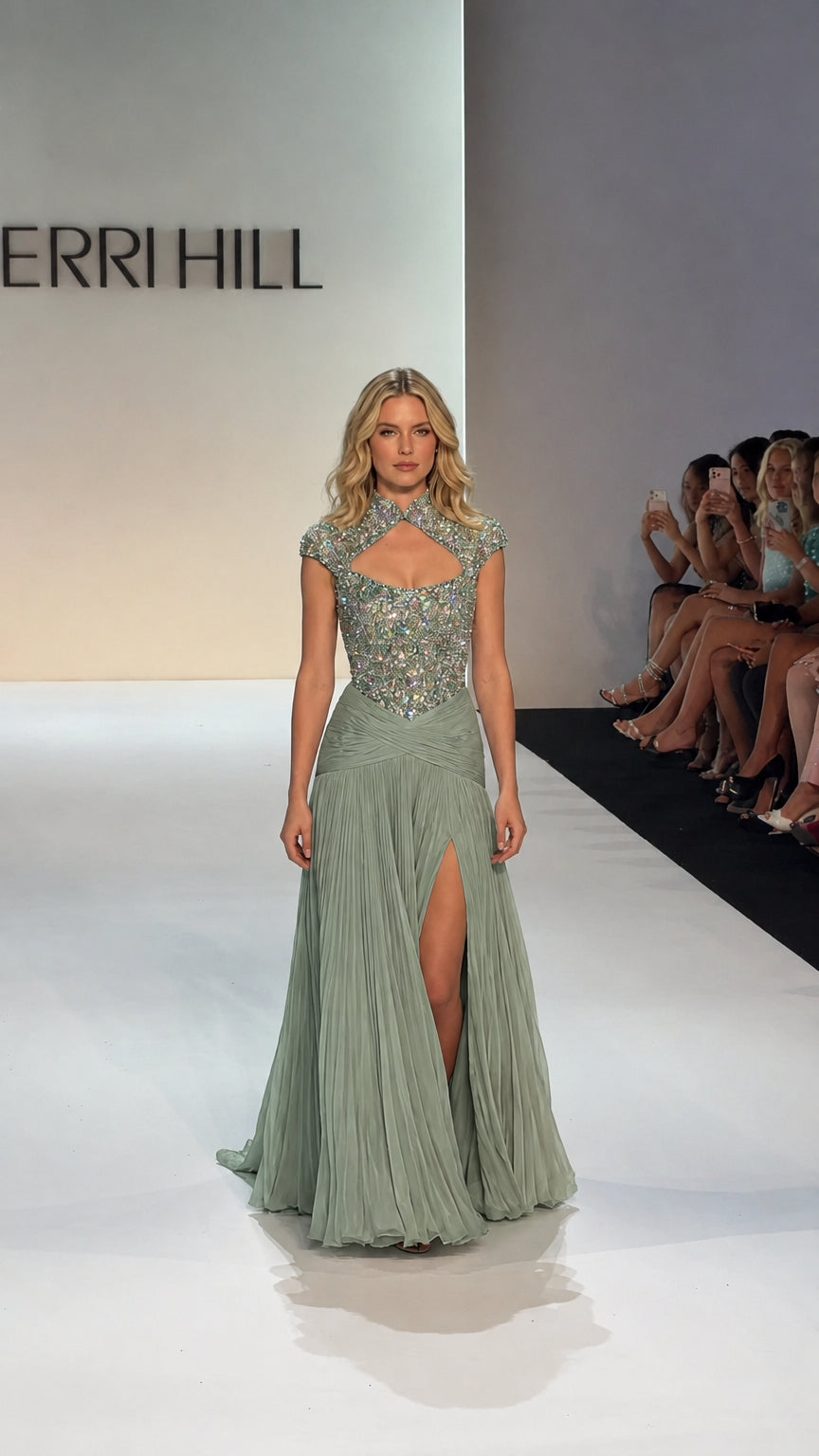 Full-length view of model wearing Sage Green beaded bodice chiffon evening dress
