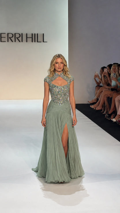 Full-length view of model wearing Sage Green beaded bodice chiffon evening dress