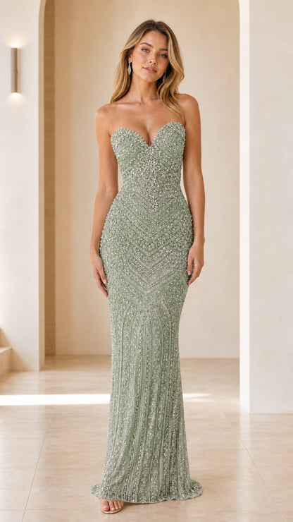 Model wearing Sage Green strapless sweetheart beaded maxi dress