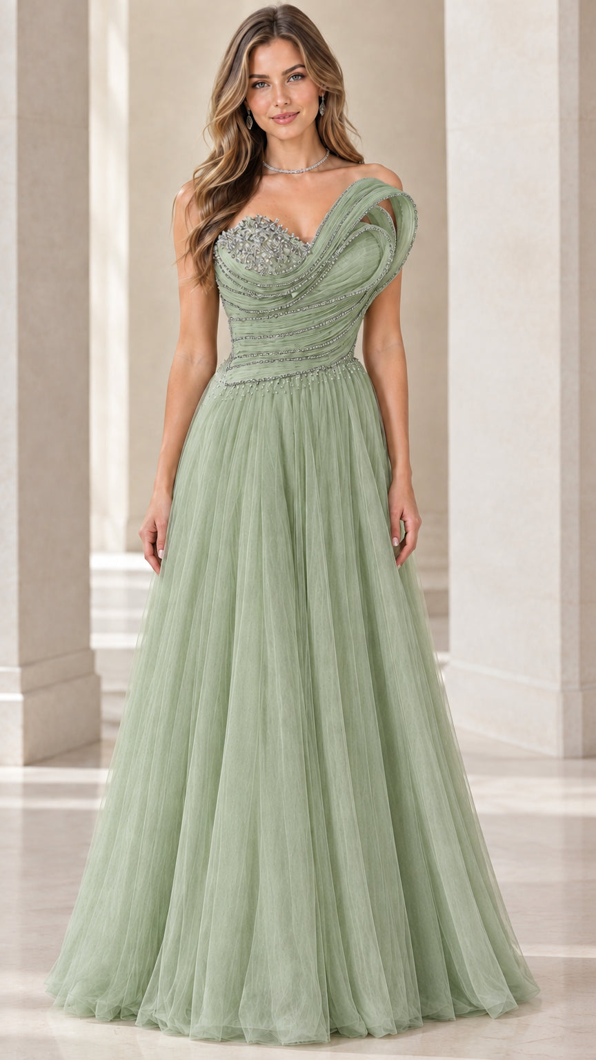 Front view of sage green one-shoulder pleated rhinestone tulle evening dress