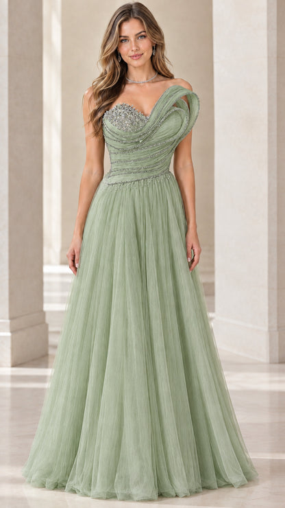 Front view of sage green one-shoulder pleated rhinestone tulle evening dress