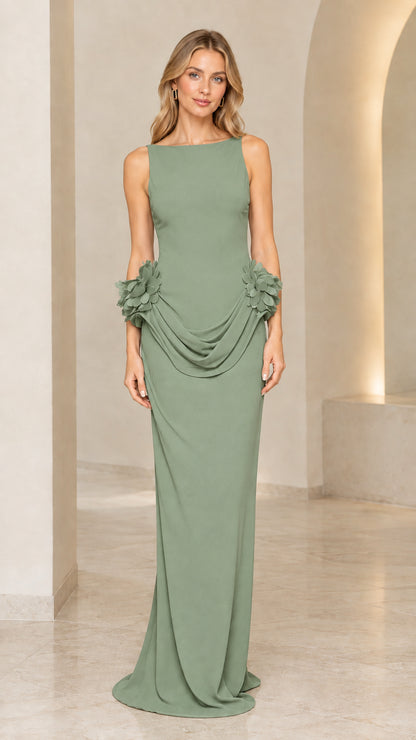 Sage green floor-length column formal dress with floral drape