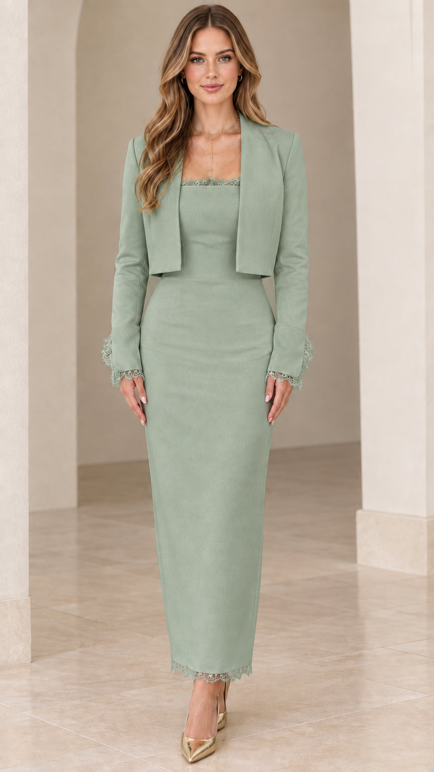Front view of woman wearing Sage Green lace-trim column dress and cropped bolero set
