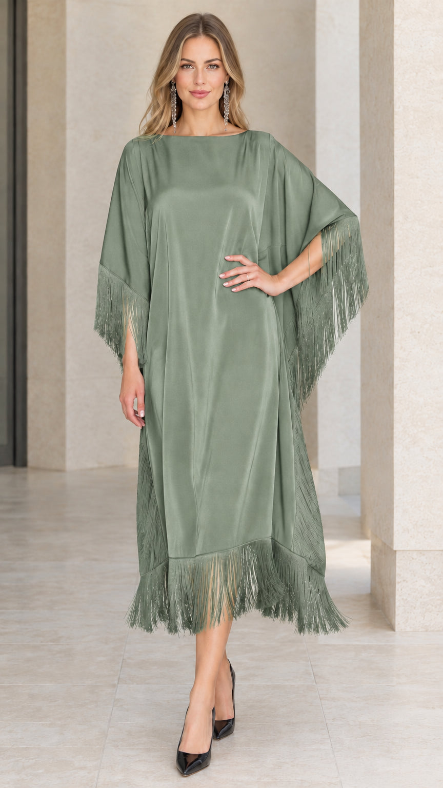 Front view of sage green satin fringe kaftan dress