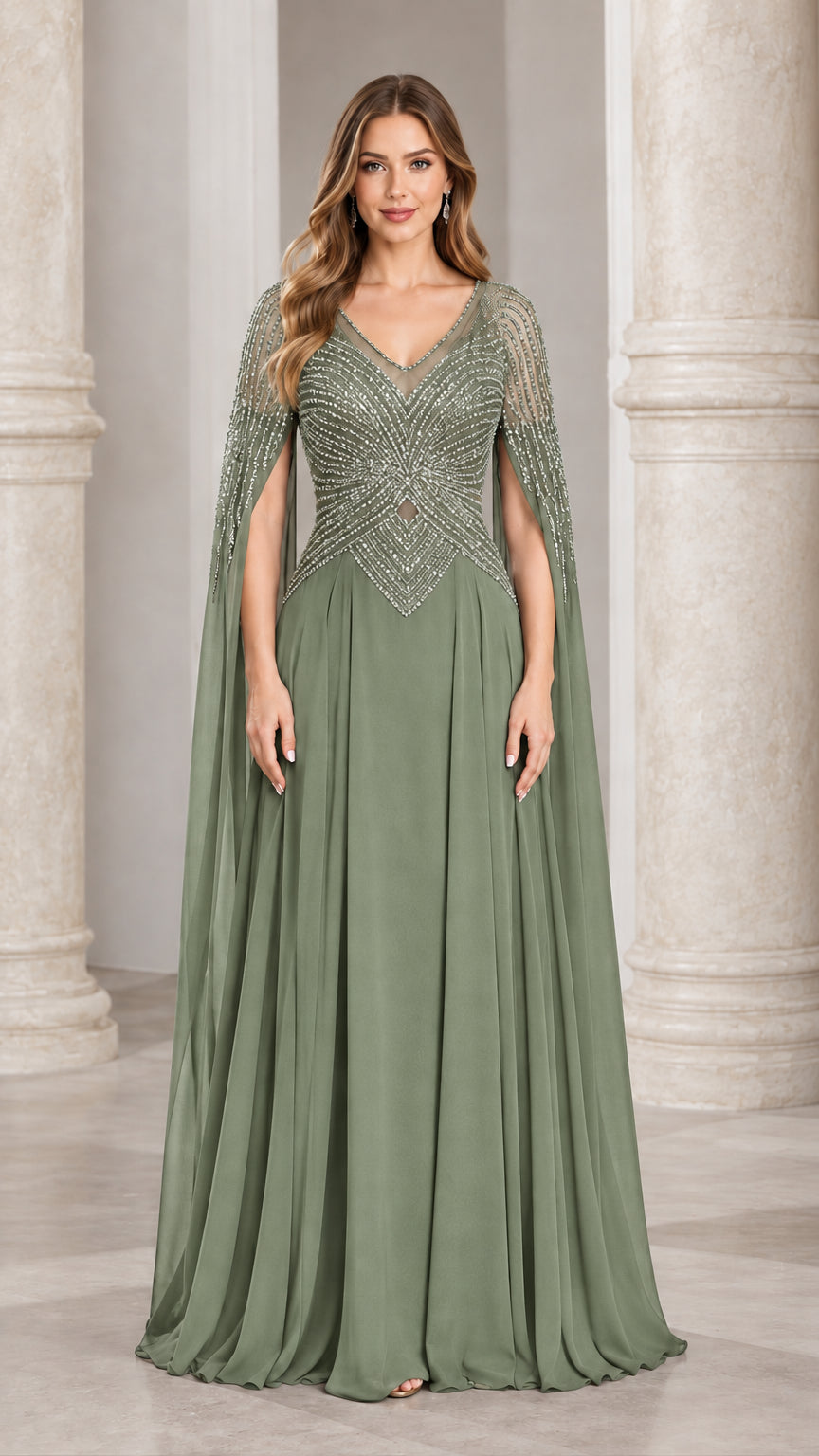 Front view of sage green beaded cape sleeve formal maxi dress