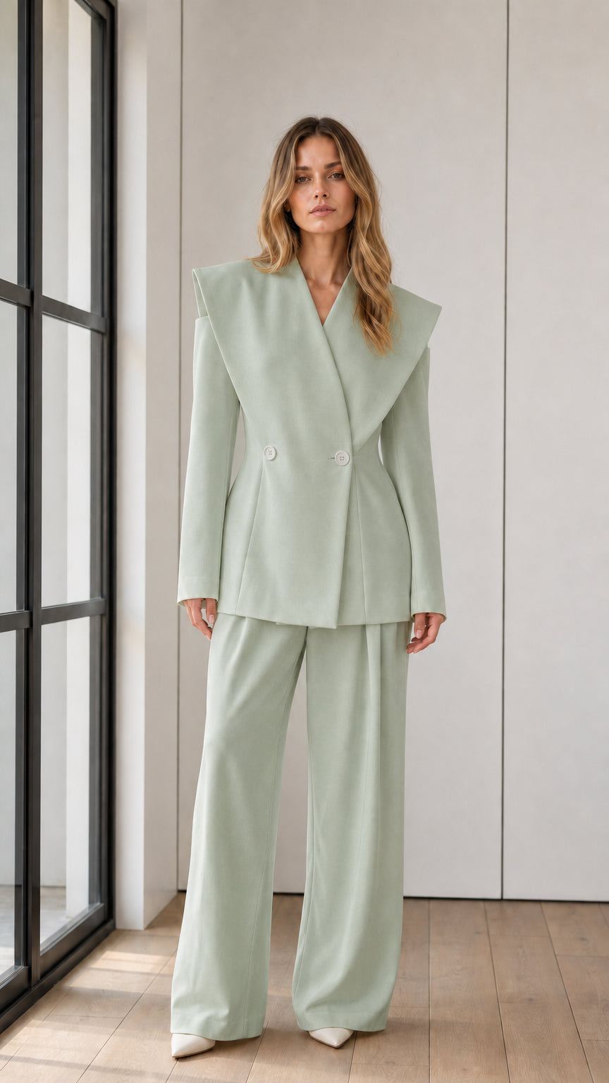 Full-length front view of model in sage green dramatic shawl lapel suit set