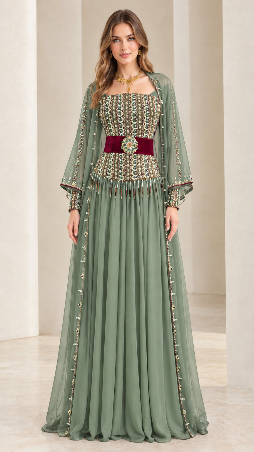 Sage green embellished bodice cape sleeve evening gown