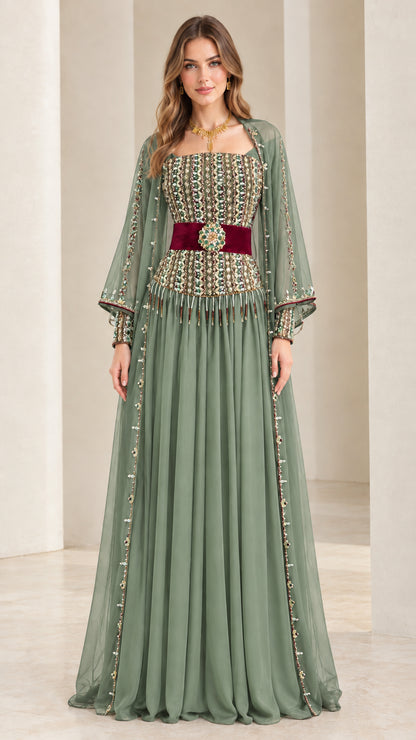 Sage green embellished bodice cape sleeve evening gown