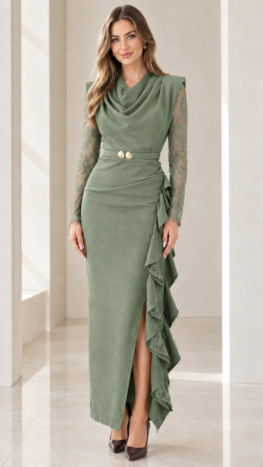Front view of model wearing Sage Green cowl neck lace sleeve evening gown